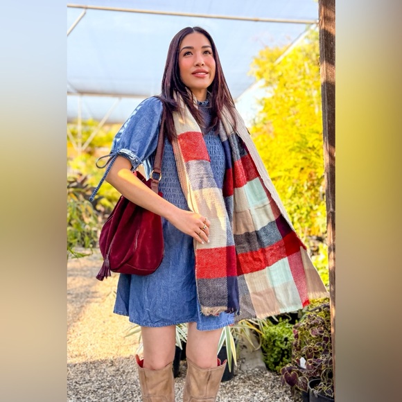 Mint/Red Check Stripe Reversible Scarf - Picture 11 of 12